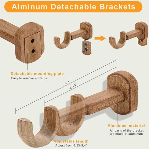 1-1/8 Inch Diameter Wood Curtain Rods for Windows 48 to 84 inch - Adjustable Seamless Aluminum Bracket - Heavy-Duty Boho Curtain Rods with Seaweed Finial - Brown Wood Grain in Kuwait