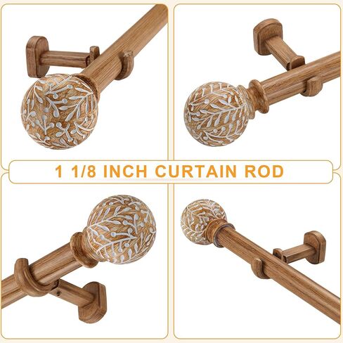 1-1/8 Inch Diameter Wood Curtain Rods for Windows 48 to 84 inch - Adjustable Seamless Aluminum Bracket - Heavy-Duty Boho Curtain Rods with Seaweed Finial - Brown Wood Grain in Kuwait