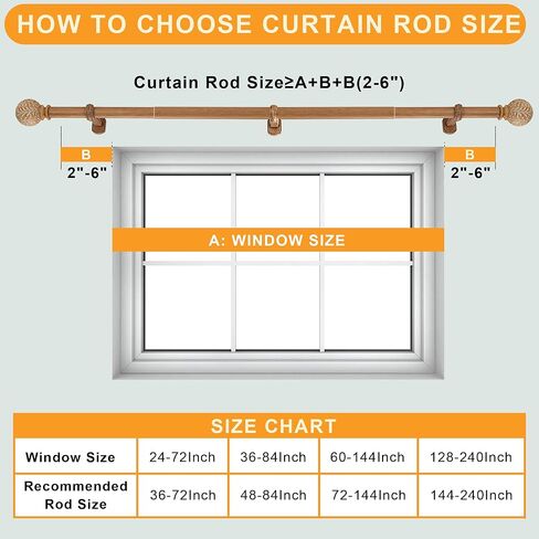 1-1/8 Inch Diameter Wood Curtain Rods for Windows 48 to 84 inch - Adjustable Seamless Aluminum Bracket - Heavy-Duty Boho Curtain Rods with Seaweed Finial - Brown Wood Grain in Kuwait