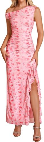 HTZMO One Shoulder Floral Wedding Guest Long Dress Summer Formal Elegant Ruffled Slit Bodycon Maxi Dresses for Women in Saudi Arabia