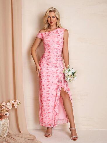 HTZMO One Shoulder Floral Wedding Guest Long Dress Summer Formal Elegant Ruffled Slit Bodycon Maxi Dresses for Women in Saudi Arabia