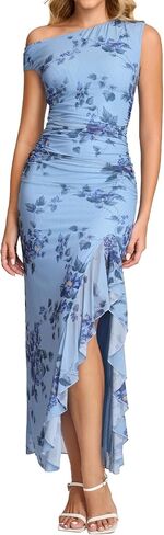 HTZMO One Shoulder Floral Wedding Guest Long Dress Summer Formal Elegant Ruffled Slit Bodycon Maxi Dresses for Women in Kuwait