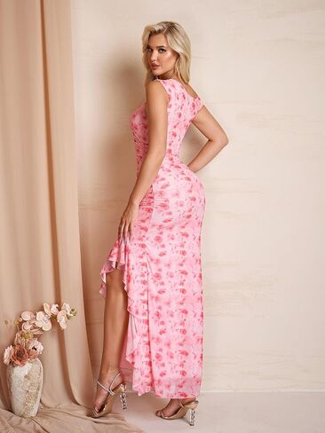 HTZMO One Shoulder Floral Wedding Guest Long Dress Summer Formal Elegant Ruffled Slit Bodycon Maxi Dresses for Women in Saudi Arabia