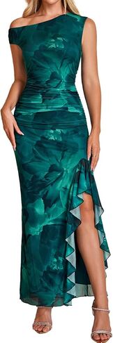 HTZMO One Shoulder Floral Wedding Guest Long Dress Summer Formal Elegant Ruffled Slit Bodycon Maxi Dresses for Women in Saudi Arabia