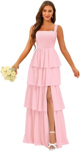 Square Neck Tiered Bridesmaid Dresses Spaghetti Strap Side Slit Formal Dresses Long for Women DIN014 in Saudi Arabia