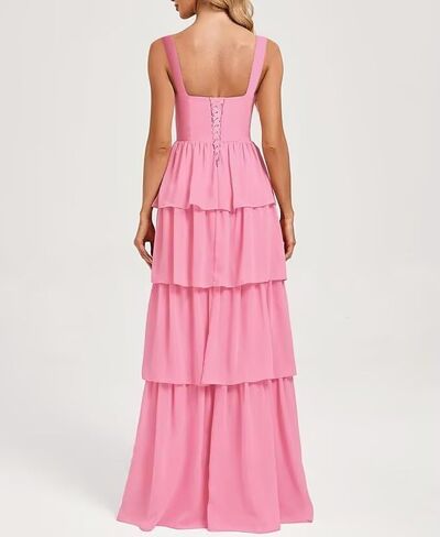 Square Neck Tiered Bridesmaid Dresses Spaghetti Strap Side Slit Formal Dresses Long for Women DIN014 in Saudi Arabia