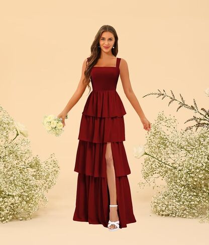 Square Neck Tiered Bridesmaid Dresses Spaghetti Strap Side Slit Formal Dresses Long for Women DIN014 in Saudi Arabia