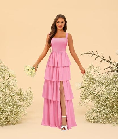 Square Neck Tiered Bridesmaid Dresses Spaghetti Strap Side Slit Formal Dresses Long for Women DIN014 in Saudi Arabia
