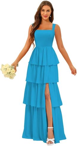 Square Neck Tiered Bridesmaid Dresses Spaghetti Strap Side Slit Formal Dresses Long for Women DIN014 in Kuwait