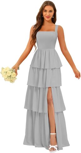 Square Neck Tiered Bridesmaid Dresses Spaghetti Strap Side Slit Formal Dresses Long for Women DIN014 in Saudi Arabia