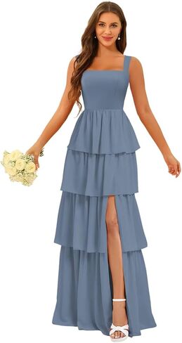 Square Neck Tiered Bridesmaid Dresses Spaghetti Strap Side Slit Formal Dresses Long for Women DIN014 in Saudi Arabia