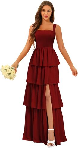 Square Neck Tiered Bridesmaid Dresses Spaghetti Strap Side Slit Formal Dresses Long for Women DIN014 in Saudi Arabia