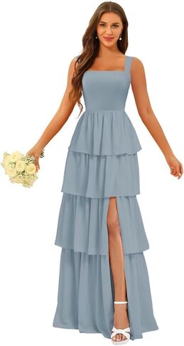 Square Neck Tiered Bridesmaid Dresses Spaghetti Strap Side Slit Formal Dresses Long for Women DIN014 in Saudi Arabia