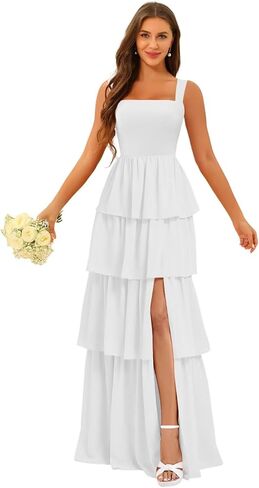 Square Neck Tiered Bridesmaid Dresses Spaghetti Strap Side Slit Formal Dresses Long for Women DIN014 in Saudi Arabia