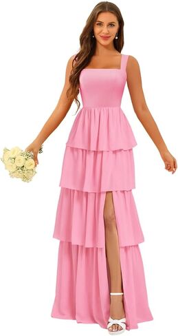 Square Neck Tiered Bridesmaid Dresses Spaghetti Strap Side Slit Formal Dresses Long for Women DIN014 in Saudi Arabia