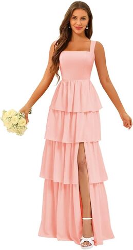 Square Neck Tiered Bridesmaid Dresses Spaghetti Strap Side Slit Formal Dresses Long for Women DIN014 in Saudi Arabia