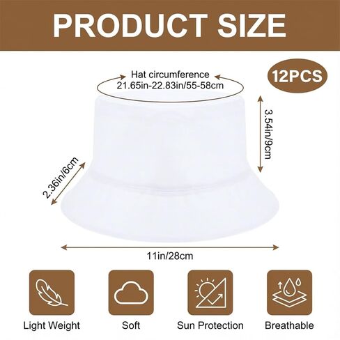 12 قطعة من قبعة الدلو البيضاء للنساء - قبعات التسامي السائبة، مزيج من القطن والبوليستر قابل للتعبئة وجيد التهوية، مقاس واحد يناسب معظم الأشخاص في الهواء الطلق، والشاطئ، والسفر، والمشروعات اليدوية اليدوية (22.8 بوصة) in Kuwait