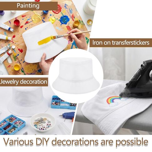 12 قطعة من قبعة الدلو البيضاء للنساء - قبعات التسامي السائبة، مزيج من القطن والبوليستر قابل للتعبئة وجيد التهوية، مقاس واحد يناسب معظم الأشخاص في الهواء الطلق، والشاطئ، والسفر، والمشروعات اليدوية اليدوية (22.8 بوصة) in Kuwait