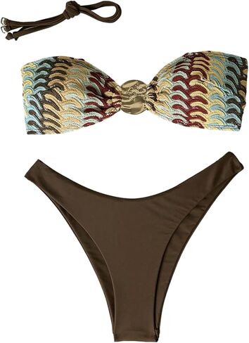 GORGLITTER Women's Crochet Bandeau Bikini Striped Strapless High Cut Swimsuits 2 Piece Bathing Suit Swimwear in Saudi Arabia