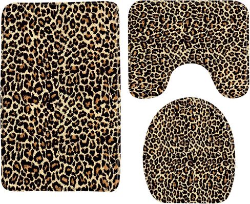 Leopard Print Memory Foam Bath Rug 3 Piece Wild Animal Big Cat Skin Pattern Sexy Woman Gift Jaguar Safari Brown Black Bathroom Rug Set,Bath Mat +U-Shaped Contour Rug +Toilet Lid Cover in Kuwait