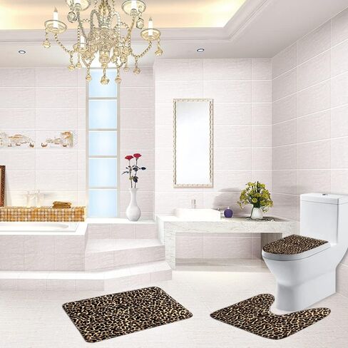 Leopard Print Memory Foam Bath Rug 3 Piece Wild Animal Big Cat Skin Pattern Sexy Woman Gift Jaguar Safari Brown Black Bathroom Rug Set,Bath Mat +U-Shaped Contour Rug +Toilet Lid Cover in Kuwait