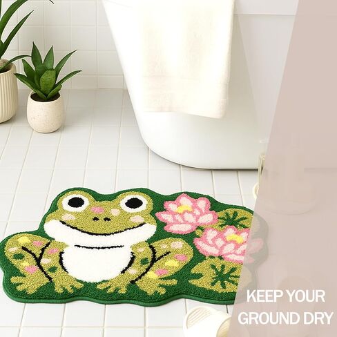 Cute Frog Lotus Flower Bathroom Rug, Soft Plush Kawaii Animal Tufted Bath Room Mat, Non-Slip & Machine Washable, Absorbent & Quick Dry Floor Door Mat Home Decor for Shower, Tub and Sink, 19.7"x29.5" in Saudi Arabia