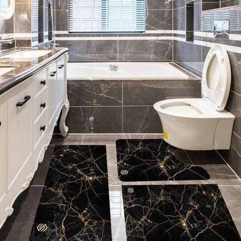 Marble Bathroom Rugs, 3PCS Modern Bath Mat Set, Black Gold Marble, Non-Slip Super Absorbent Bathroom Mat with Toilet Rug for Shower & Bathtub, Xmas & New Year Gift Ready in Kuwait