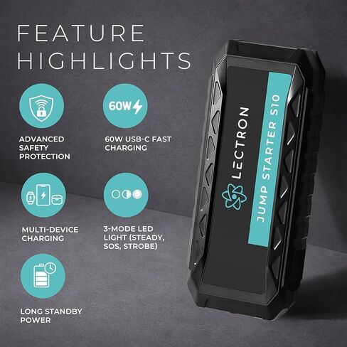 Lectron 4000A Car Battery Jump Starter S10 with 60W USB-C PD Fast Charging with car Charger– Portable Battery Booster for Up to 10L Gas/8L Diesel for 12V Vehicles– 20000mAh with Smart Digital Display in Kuwait
