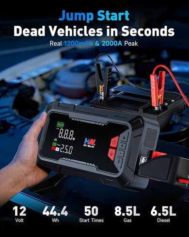 HW Car Battery Jump Starter with Air Compressor, [44.4Wh, 160PSI] True 2000A Portable Car Jumper Pack (8.5 Gas/6.5L Diesel), 12V Jump Box with Jumper Cables/Air Chucks/USB-C Cables-65W Fast Charging in Kuwait
