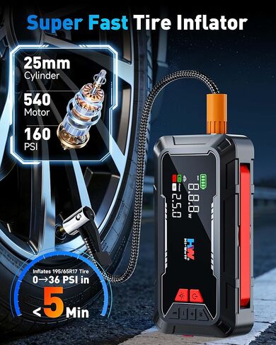 HW Car Battery Jump Starter with Air Compressor, [44.4Wh, 160PSI] True 2000A Portable Car Jumper Pack (8.5 Gas/6.5L Diesel), 12V Jump Box with Jumper Cables/Air Chucks/USB-C Cables-65W Fast Charging in Kuwait