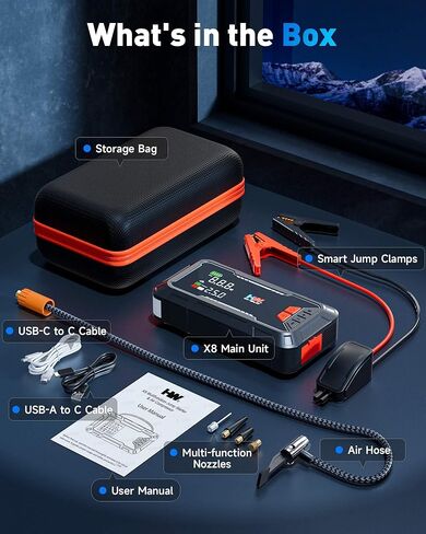 HW Car Battery Jump Starter with Air Compressor, [44.4Wh, 160PSI] True 2000A Portable Car Jumper Pack (8.5 Gas/6.5L Diesel), 12V Jump Box with Jumper Cables/Air Chucks/USB-C Cables-65W Fast Charging in Kuwait