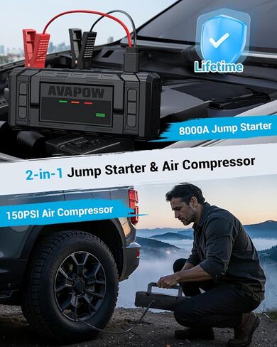 جهاز تشغيل القفز AVAPOW مع ضاغط هواء، معزز بطارية السيارة 8000 أمبير 150 رطل لكل بوصة مربعة، محمول مع شاشة عالية الدقة 4 بوصات، شحن سريع ثنائي الاتجاه PD 30 وات، صندوق قفز 12 فولت لجميع أنواع الديزل الغاز/10 لتر مع منفاخ إطارات للإغلاق التلقائي in Kuwait