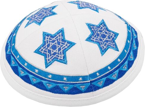 كيباه قطنية مقاس 19 سم مع تطريز نجمة داود الزرقاء للرجال والأولاد، قبعة ياماكا من إسرائيل (قاعدة بيضاء) in Kuwait