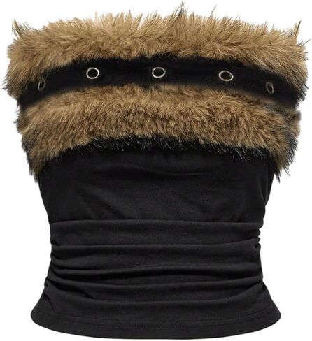 WDIRARA Women's Grunge Punk Faux Fur Tube Top Fuzzy Ruched Strapless Bandeau Crop Tops in Saudi Arabia