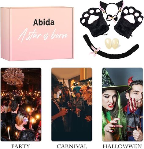 زي تنكري للقطط من أبيدا - مجموعة من 5 قطع لأذن وذيل القطط مع قفازات للأقدام وأنياب أسنان مصاصي الدماء in Kuwait