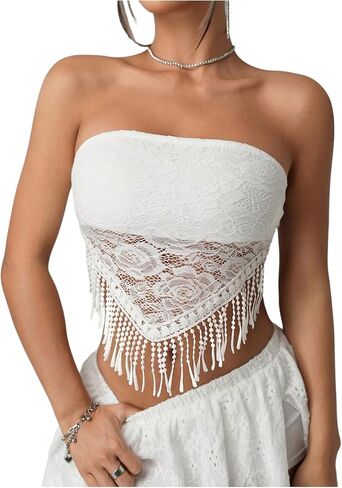 قمصان علوية نسائية من الدانتيل بحاشية هامشية Y2K بدون حمالات، راعية البقر لمهرجان الموسيقى، قمصان قصيرة in Kuwait