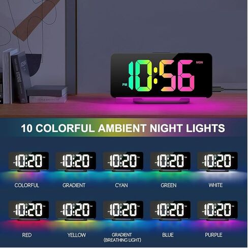 ساعة منبه رقمية للطاولة - 10 ألوان ليلية وساعة مكتب بجانب السرير | شاشة LED بمنفذ USB | منبهات لغرفة النوم والمعيشة | مثالي للأشخاص الذين ينامون كثيرًا والأطفال وكبار السن (أسود) in Kuwait