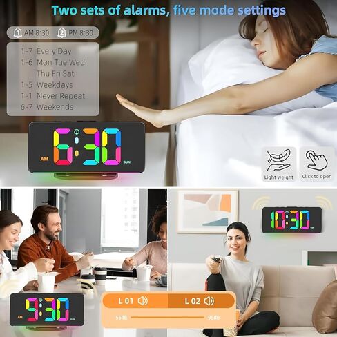 ساعة منبه رقمية للطاولة - 10 ألوان ليلية وساعة مكتب بجانب السرير | شاشة LED بمنفذ USB | منبهات لغرفة النوم والمعيشة | مثالي للأشخاص الذين ينامون كثيرًا والأطفال وكبار السن (أسود) in Kuwait