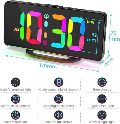 ساعة منبه رقمية للطاولة - 10 ألوان ليلية وساعة مكتب بجانب السرير | شاشة LED بمنفذ USB | منبهات لغرفة النوم والمعيشة | مثالي للأشخاص الذين ينامون كثيرًا والأطفال وكبار السن (أسود) in Kuwait