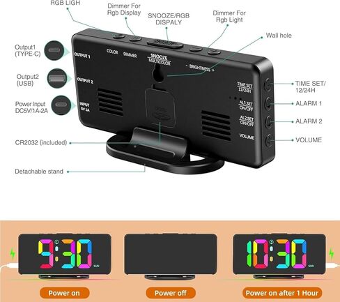 ساعة منبه رقمية للطاولة - 10 ألوان ليلية وساعة مكتب بجانب السرير | شاشة LED بمنفذ USB | منبهات لغرفة النوم والمعيشة | مثالي للأشخاص الذين ينامون كثيرًا والأطفال وكبار السن (أسود) in Kuwait