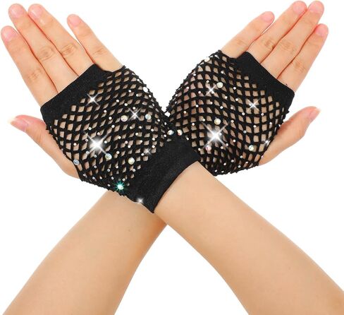 Rhinestone Fishnet Gloves Fingerless for Women, Sparkly Short Mesh Net Arm Sleeves Warmers for Halloween Cosplay Party in Saudi Arabia