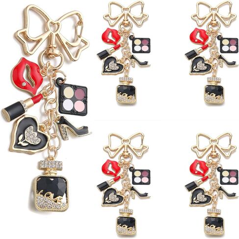 PHAETON 5PCS Fashion Keychain Charm, Gold Bow with Makeup Theme Charms, Lipstick Eyeshadow Perfume Bottle High Heel Heart for Women Gift in Saudi Arabia