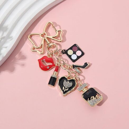 PHAETON 5PCS Fashion Keychain Charm, Gold Bow with Makeup Theme Charms, Lipstick Eyeshadow Perfume Bottle High Heel Heart for Women Gift in Saudi Arabia