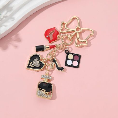 PHAETON 5PCS Fashion Keychain Charm, Gold Bow with Makeup Theme Charms, Lipstick Eyeshadow Perfume Bottle High Heel Heart for Women Gift in Saudi Arabia