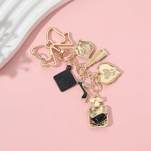 PHAETON 5PCS Fashion Keychain Charm, Gold Bow with Makeup Theme Charms, Lipstick Eyeshadow Perfume Bottle High Heel Heart for Women Gift in Saudi Arabia