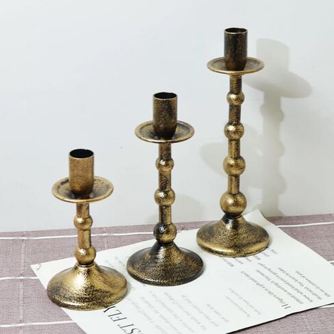 حاملات شمعدان حديد معدنية للقطعة المركزية العتيقة 3 قطع عصا شموع ذهبية مستدقة عمود روماني عتيق ديكور ديكور لحفلات الزفاف، مدفأة الحفلات، 6 بوصة + 7.5 بوصة + 9 بوصة (ارتفاع) in Kuwait