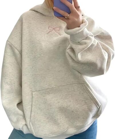 Women's Bow Embroidery Hoodie Teen Girls Cute Graphic Y2K Preppy Loose Pullover Sweatshirt Tops with Pocket in Saudi Arabia