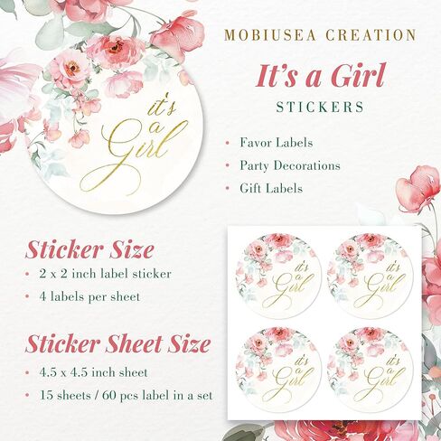 Mobiusea Creation Pink Floral It's a Girl Stickers | 60pcs Baby Girl Stickers for Baby Shower Favors | Gold Foil Stickers for Treat Bags, Party Decorations in Saudi Arabia