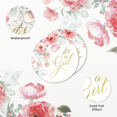 Mobiusea Creation Pink Floral It's a Girl Stickers | 60pcs Baby Girl Stickers for Baby Shower Favors | Gold Foil Stickers for Treat Bags, Party Decorations in Saudi Arabia