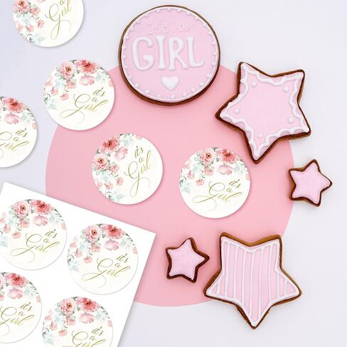 Mobiusea Creation Pink Floral It's a Girl Stickers | 60pcs Baby Girl Stickers for Baby Shower Favors | Gold Foil Stickers for Treat Bags, Party Decorations in Saudi Arabia